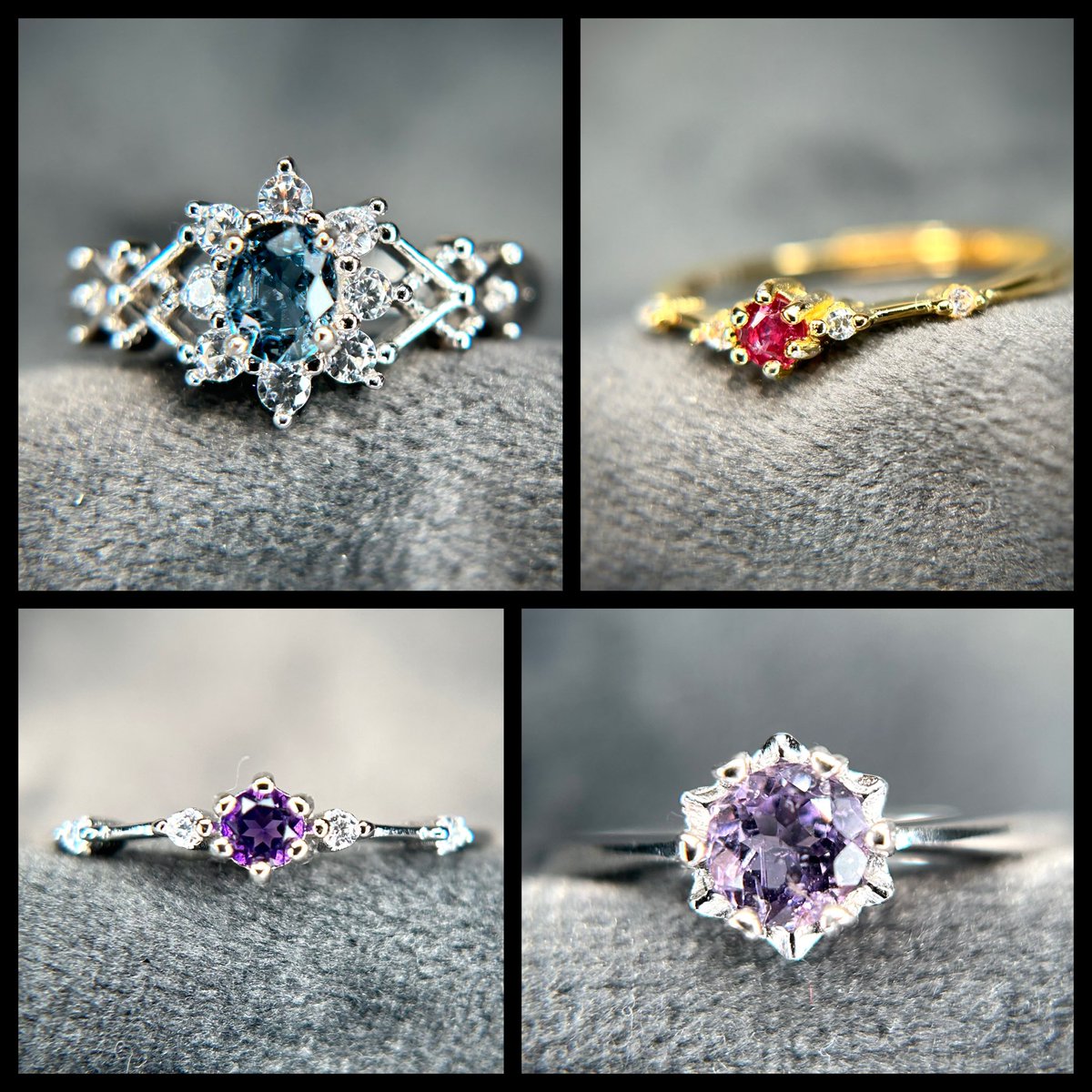 Inormal365's tweet image. おはようございます☀️
今日はこちらの4点の出品です😊
20時～販売開始。

・スピネルのフラワーメッシュリング💎

・アメシストとルビーのスキンリング💜❤️各1点。

・パープルスキャポライトを使用した、アスターリング✨
ソーティング付き。