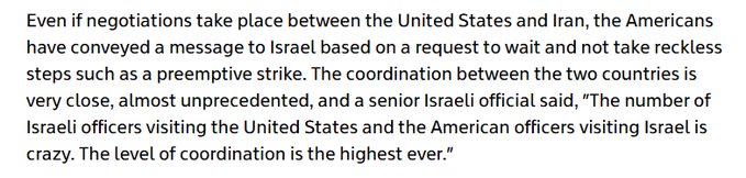 Osint613's tweet photo. The U.S. has asked Israel to refrain from attacking Iran during ongoing negotiations. A senior Israeli official says coordination is unprecedented, with an “insane” number of Israeli military officials traveling to the U.S. and vice versa. - Ynet

Contributed by @AZ_Intel_. https://t.co/g3H3otQHom