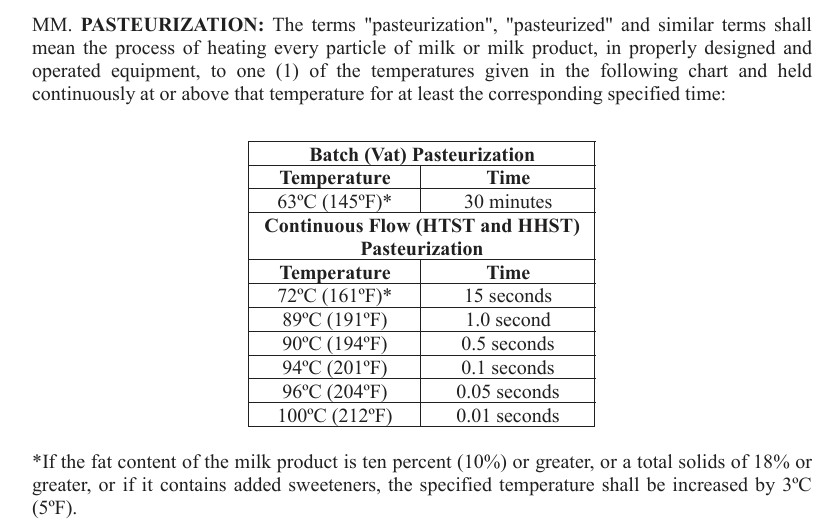 4bend's tweet photo. @IanCopeland5 If boiling temperature (with continuous flow),...
for at least 1/100th of a second
For Ultra-Pasteurization: 
138C (280F) for at least two (2) seconds

According to the temp/time schedule found here [pdf]: https://t.co/HEniCQGqNo https://t.co/OJGsPo2Hfm