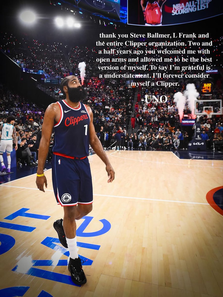 Farbod_E's tweet photo. James Harden sent a message to the Clippers on Instagram:

"Thank you Steve Ballmer, L Frank and the entire Clipper organization. Two and a half years ago you welcomed me with open arms and allowed me to be the best version of myself. To say I'm grateful is an understatement. I'll forever consider myself a Clipper."