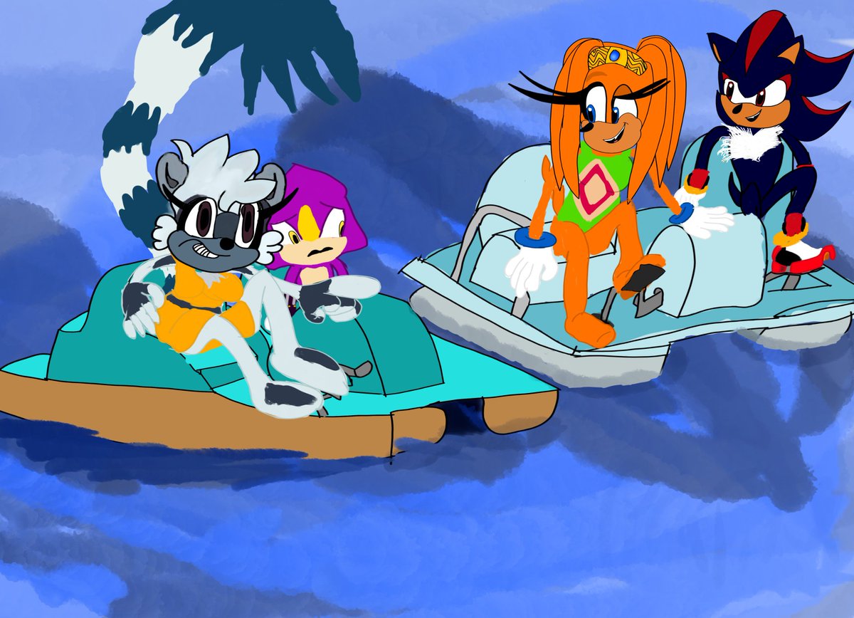ArkansasLarue1's tweet photo. Finally did it Drew my top two ships on a double date. #Shadikal #Espingle Shadow and Tikal go on a double date paddleboating with Espio and Tangle Enjoy. #espiothechameleon #tanglethelemur #shadowthehedegehog #tikaltheechidna
#paddleboats #doubledates https://t.co/zlk3BhpCyv
