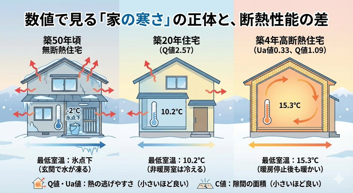310_com10's tweet photo. 【数値で見る「家の寒さ」の正体と、断熱性能の差】

1月下旬の氷点下まで下がった日の朝、栗原市にある無断熱住宅、築20年の住宅、築4年の住宅の室温を比較し、考察した記事です。

お時間のある時にご覧になって頂けると嬉しいです。

https://t.co/NcEdoKVnx9 https://t.co/Qdfwnsc8t9