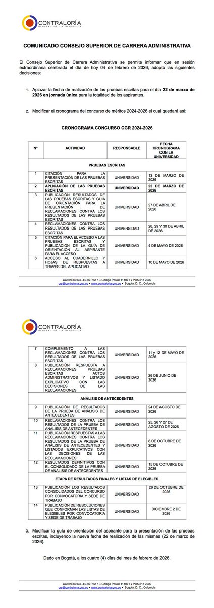 ⚠️ Atención aspirantes del concurso de méritos de la Contraloría:

La prueba escrita se realizará finalmente el 2️⃣2️⃣ de marzo de 2026. 

📌Este cambio no es decisión voluntaria de la entidad, sino cumplimiento de un fallo de tutela que ordena unificar las pruebas funcionales y