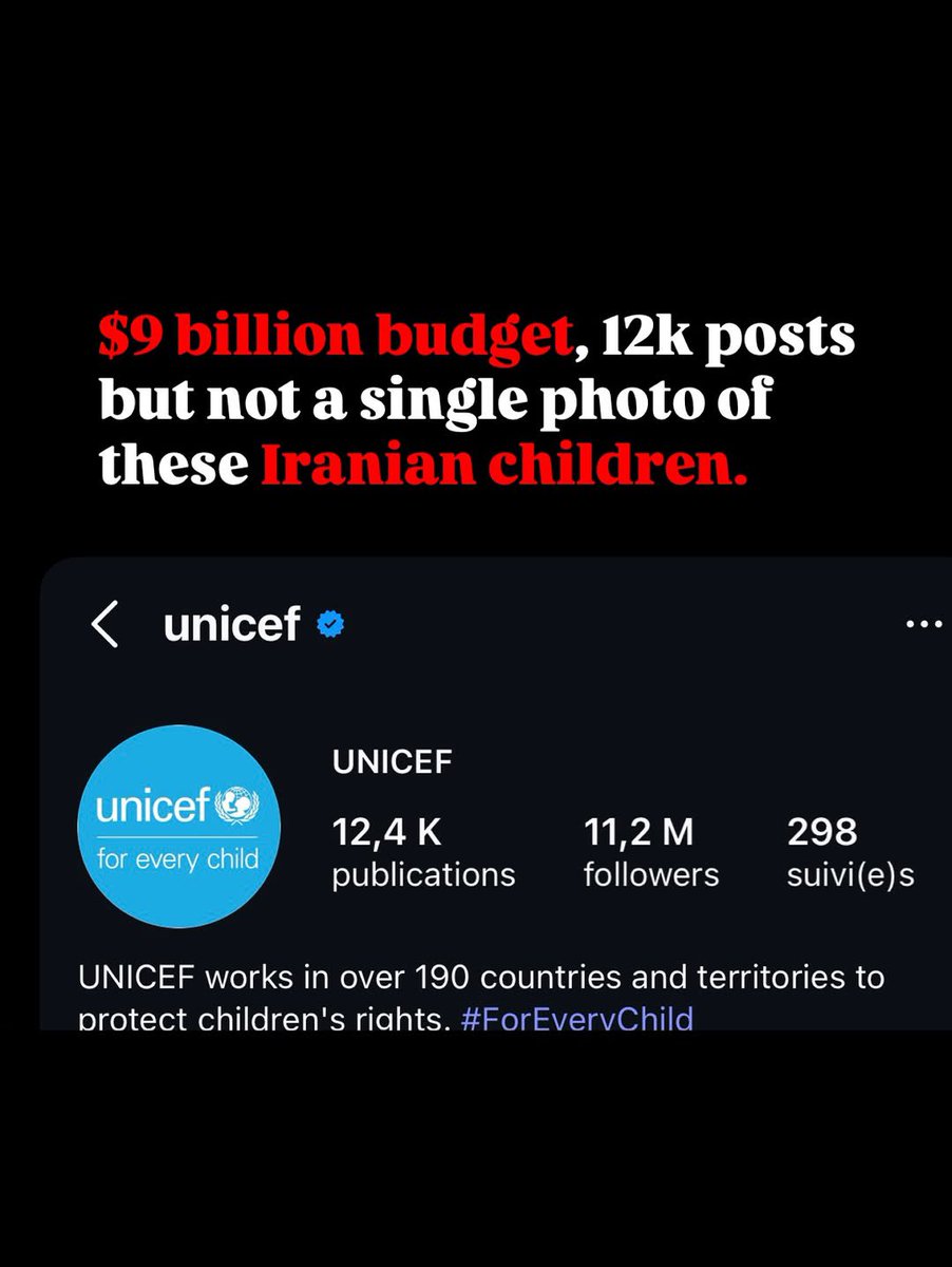 Des centaines, peut être des milliers d’enfants iraniens massacrés par Khamenei. L’UNICEF c’est 9 milliards de budget, plus de 12 000 posts mais pas un seul consacré a ces enfants iraniens … 
Toutes les ONG qu’on entendait partout depuis 2 ans font soudain silence sur l’un des