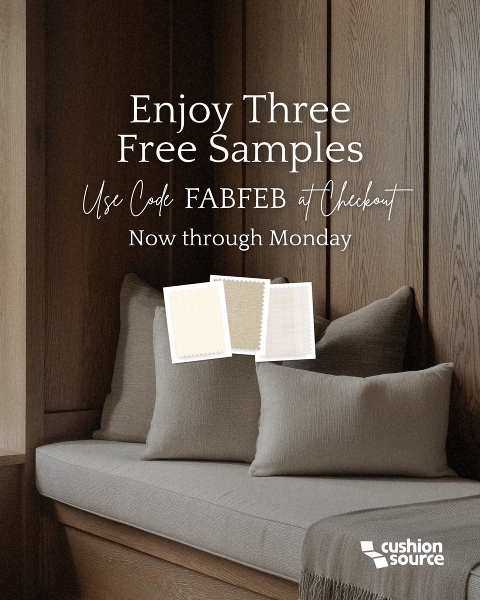 cushionsource's tweet photo. Need to refresh your cushions, pillows, or drapes? Use CODE FABFEB at checkout to receive three free Fabric samples and find the perfect fit for your space!
Valid through February 9. Visit https://t.co/0cCOydLMHo to get started! One coupon use per customer. https://t.co/eQ2MTKyHcR