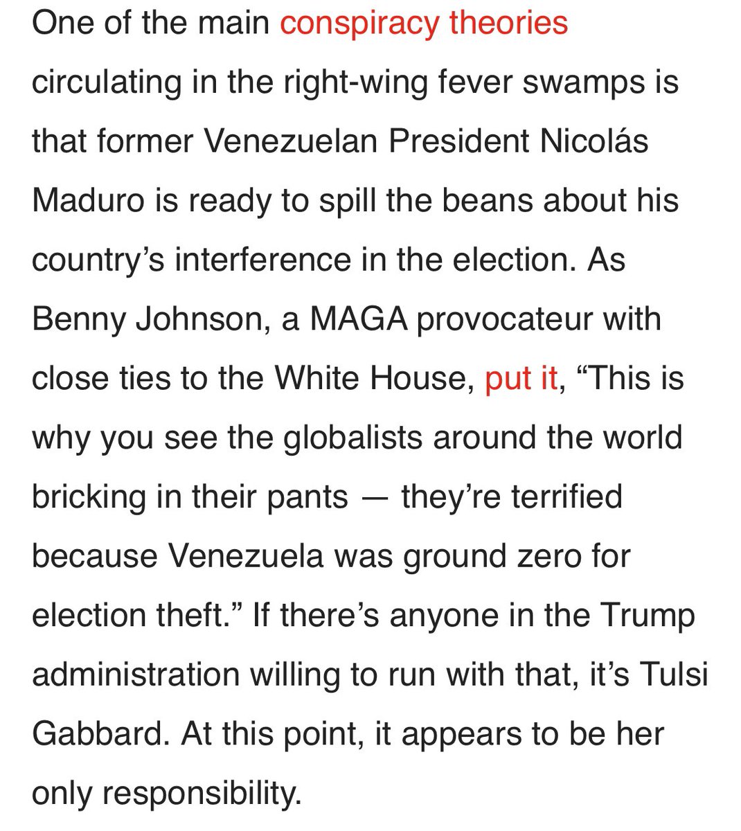Sounds insane, but there is a real possibility that the Trump admin is going to try to cut some kind of deal with Maduro where he fabricates a "confession" to stealing the 2020 election in exchange for leniency, and that is going to give Trump a pretext for taking extraordinary