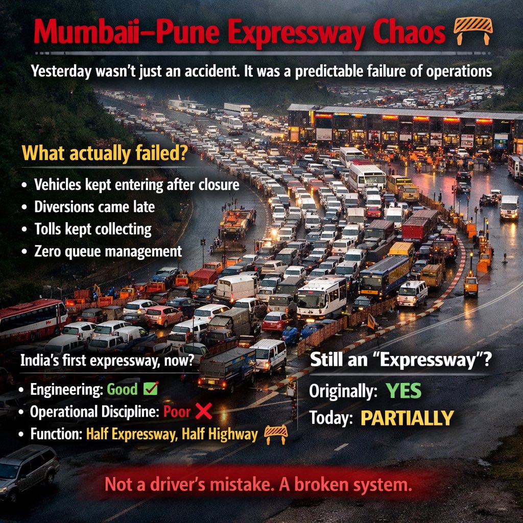 VijayKumbhar62's tweet photo. Mumbai–Pune Expressway chaos yesterday wasn’t just “one accident”.

It was a predictable system failure:

1. Entry allowed even after closure  
2. Diversion started too late  
3. Toll collection never stopped  
4. Zero queue management

Engineering: still good  
Operational discipline: very poor  

Once India’s first true expressway.  
Today? Half expressway, half chaotic highway.

The problem isn’t the crash.  
The problem is the system.

#MumbaiPuneExpressway #ExpresswayExposed #PredictableDisaster #TollTrap #BrokenExpressway