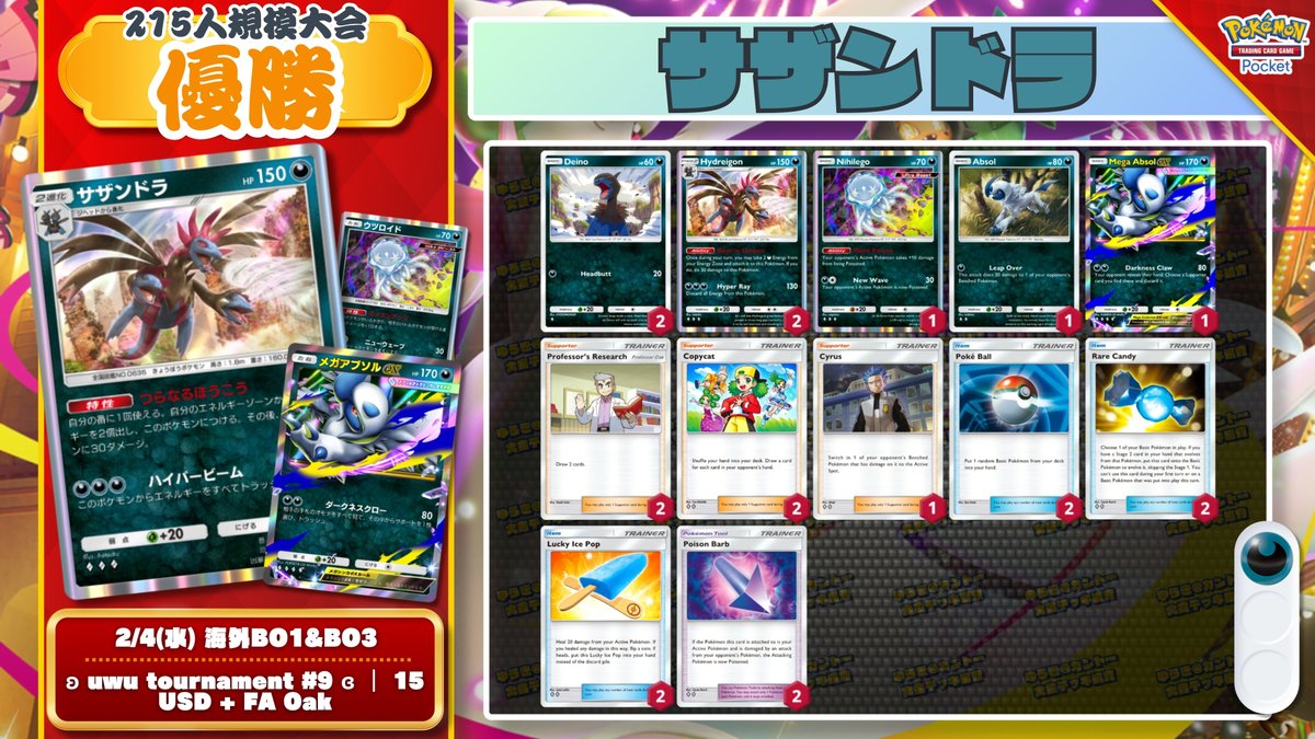 🌏 ポケポケ 大会結果｜2/4(水) 🌏 215人参加の大会で『毒軸サザンドラ