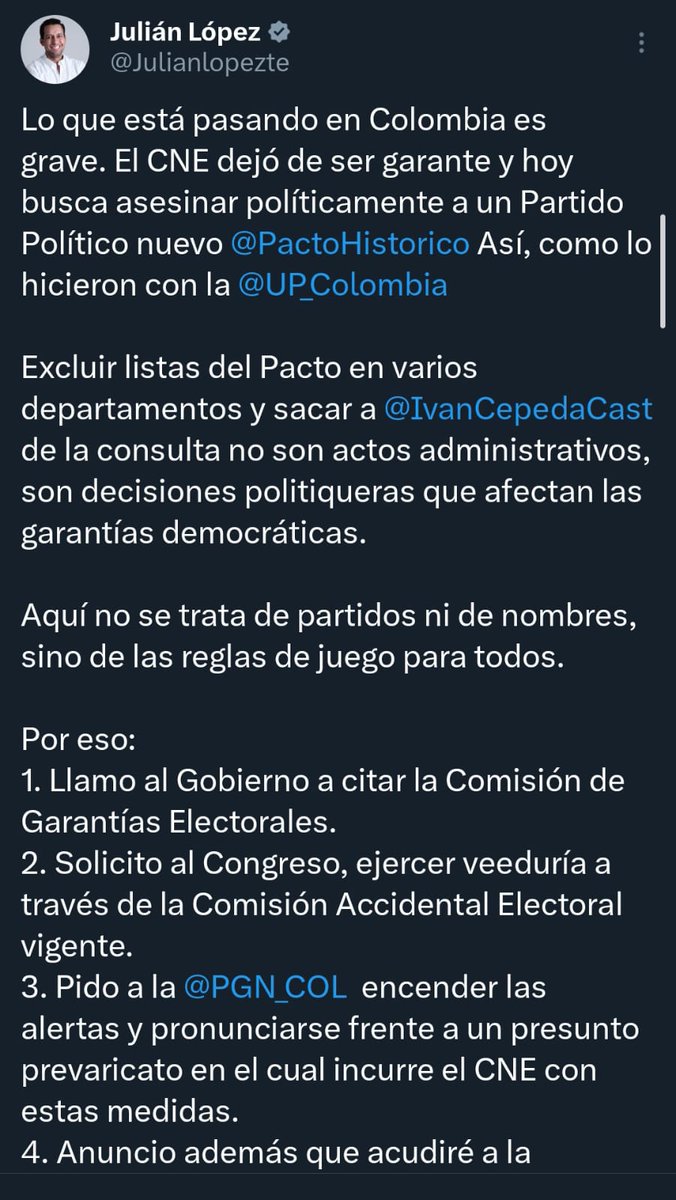 #POLÍTICA | El presidente de la Cámara, Julián López (@julianlopezte), calificó como grave la decisión del CNE de impedir la participación de Iván Cepeda en la consulta del Frente por la Vida. Anunció que pedirá al Gobierno convocar la Comisión de Garantías Electorales, al