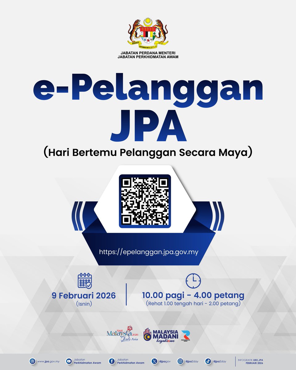 𝗲-𝗣𝗲𝗹𝗮𝗻𝗴𝗴𝗮𝗻 𝗜 𝗛𝗔𝗥𝗜 𝗕𝗘𝗥𝗧𝗘𝗠𝗨 𝗣𝗘𝗟𝗔𝗡𝗚𝗚𝗔𝗡 𝗦𝗘𝗖𝗔𝗥𝗔 𝗠𝗔𝗬𝗔
 
Orang ramai khususnya pegawai awam, pesara kerajaan, waris pesara dan pelajar adalah dijemput menyertai sesi e-Pelanggan Jabatan Perkhidmatan Awam (JPA) secara dalam talian pada: