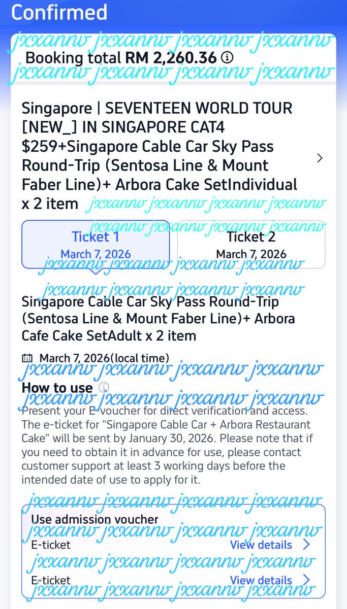 jxxannv's tweet photo. WTS  #SVT_NEW_IN_SINGAPORE #SVT_TOUR_NEW #SEVENTEEN

📍 CAT 4 x2 tickets 

💰RM950/ticket (price reduced, nego till let go)

🎟️ trip’com package includes: Singapore Cable Car + Arbora Cake set (ori price RM1,130 each)

Fyi, CAT4 (ticketmaster): RM830 // 269SGD without package https://t.co/yAW9y4zp1x