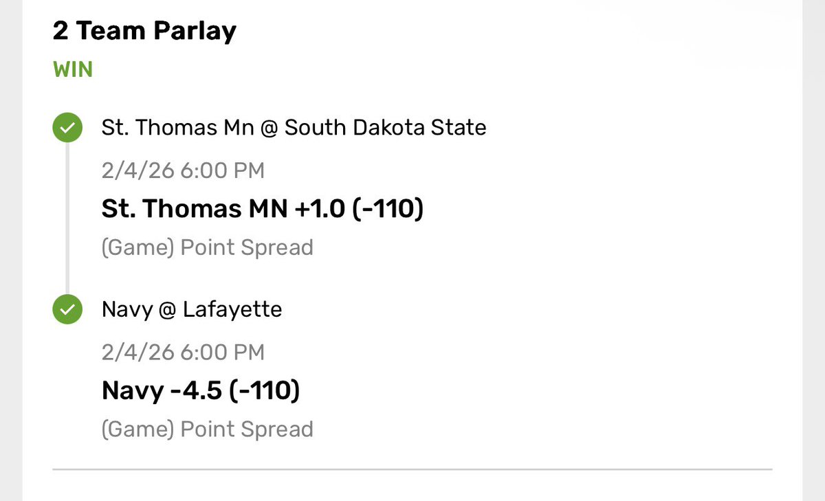 BigTexasBets's tweet photo. BANG! Parlay comes through for +2.6 units💪🏾

St. Thomas +1🤑
Navy -4.5🤑 https://t.co/xyOsA0OY4V