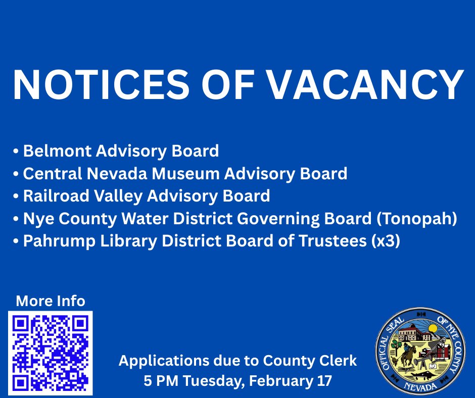 Residents interested in serving their community can pick up applications at the Nye County Clerk’s Offices in Tonopah or Pahrump, or download them at nyecountynv.gov/80

All applicants must submit completed forms by Feb. 17, 2026, at 5 p.m.
#LocalGov #Tonopah #Pahrump