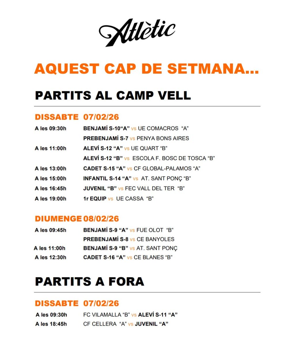 SangTaronjaBCN's tweet photo. AGENDA CAP DE SETMANA. El Primer Equip de l'@atletic_club rep el nou cuer de #4cat4, la @UDCassa, amb la necessitat de guanyar per assegurar el playoff. També cal destacar els dos duels dels Juvenils i del Cadet S15 amb rivals directes #AmuntCollons #SomTaronges https://t.co/lWjt0PfzCV