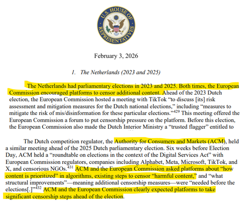frans_nijhof's tweet image. De Amerikaanse Justitiële Commissie concludeert dat de parlementsverkiezingen van Nederland in 2023 en 2025 door de Europese Commissie in samenwerking met de Autoriteit Consument en Markt (ACM) zijn gemanipuleerd. Kritiek werd gecensureerd. Lees rapport:

tinyurl.com/2f35addc