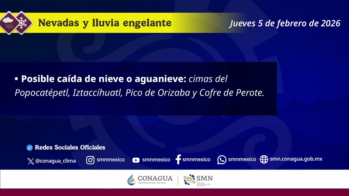 conagua_clima's tweet photo. Durante esta noche de miércoles y mañana, jueves, se prevé caída de #Nieve o #Aguanieve en las cimas del #Popocatépetl, #Iztaccíhuatl, #PicoDeOrizaba y #CofreDePerote ⬇️ https://t.co/X1zgF9u3za