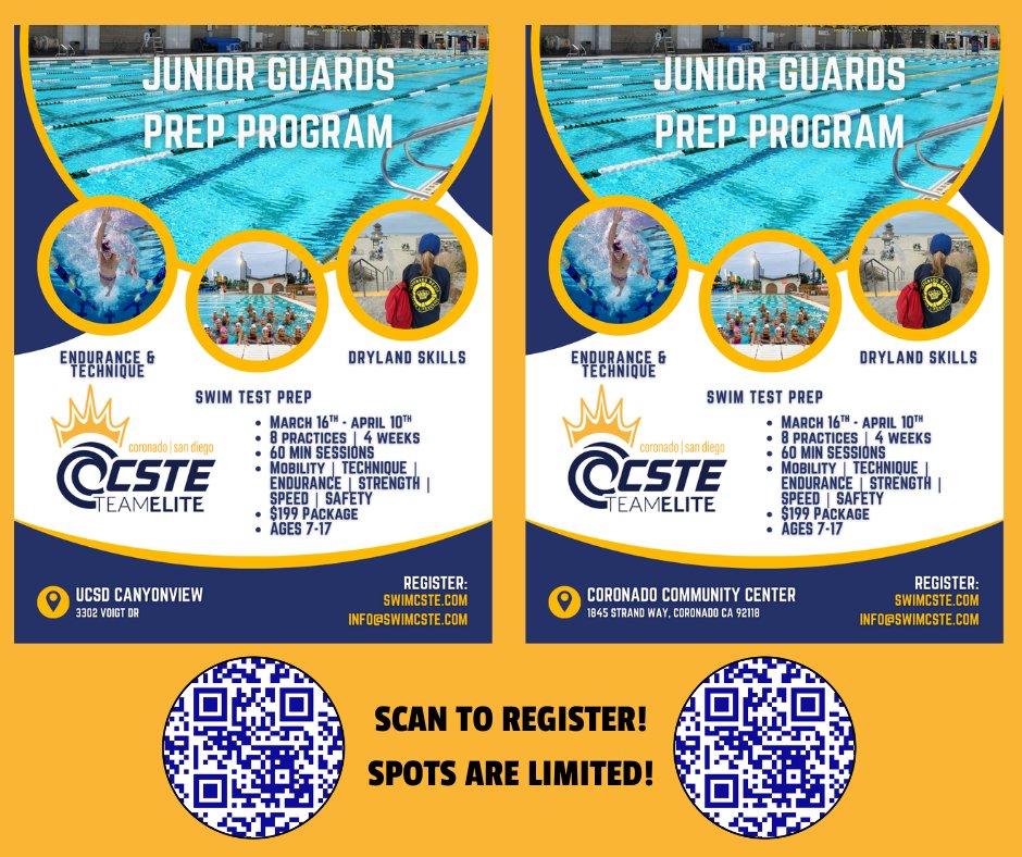 SwimCSTE's tweet photo. CSTE’s Junior Guard Prep Program (ages 7–17) builds swim skills, water safety, strength, and confidence for a successful season in San Diego. Location: UCSD and Coronado City Pool.

👉 Spots are limited — register now!
https://t.co/m5xD4cr5Ro https://t.co/esKU13lyHd