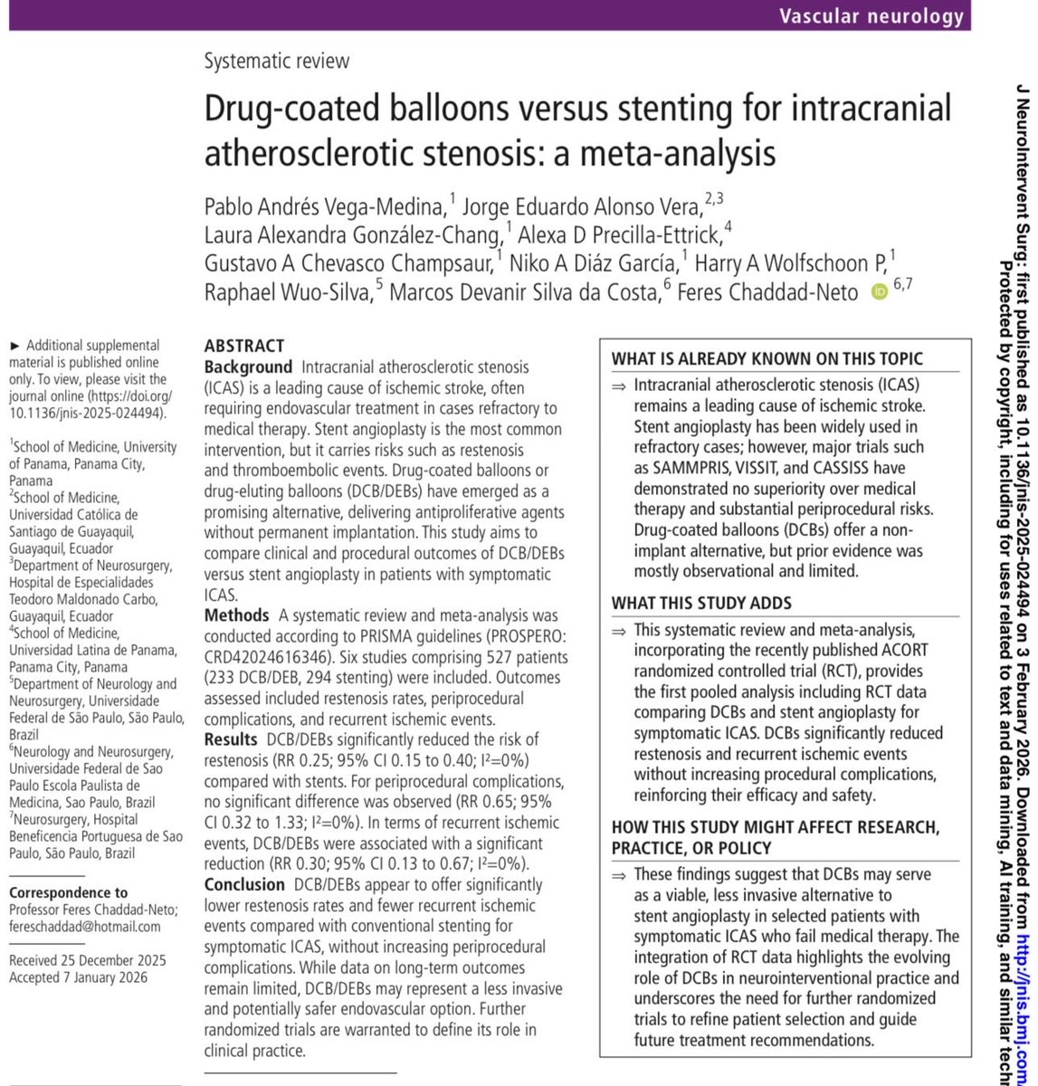 AlexaPrecillaE's tweet photo. Excited to share our new publication in JNIS.

Our meta-analysis comparing drug-coated balloons and stenting for symptomatic ICAS showed lower restenosis and fewer recurrent ischemic events, with a similar safety profile.

Huge thanks to the amazing team behind this work. https://t.co/t09X8upFzc