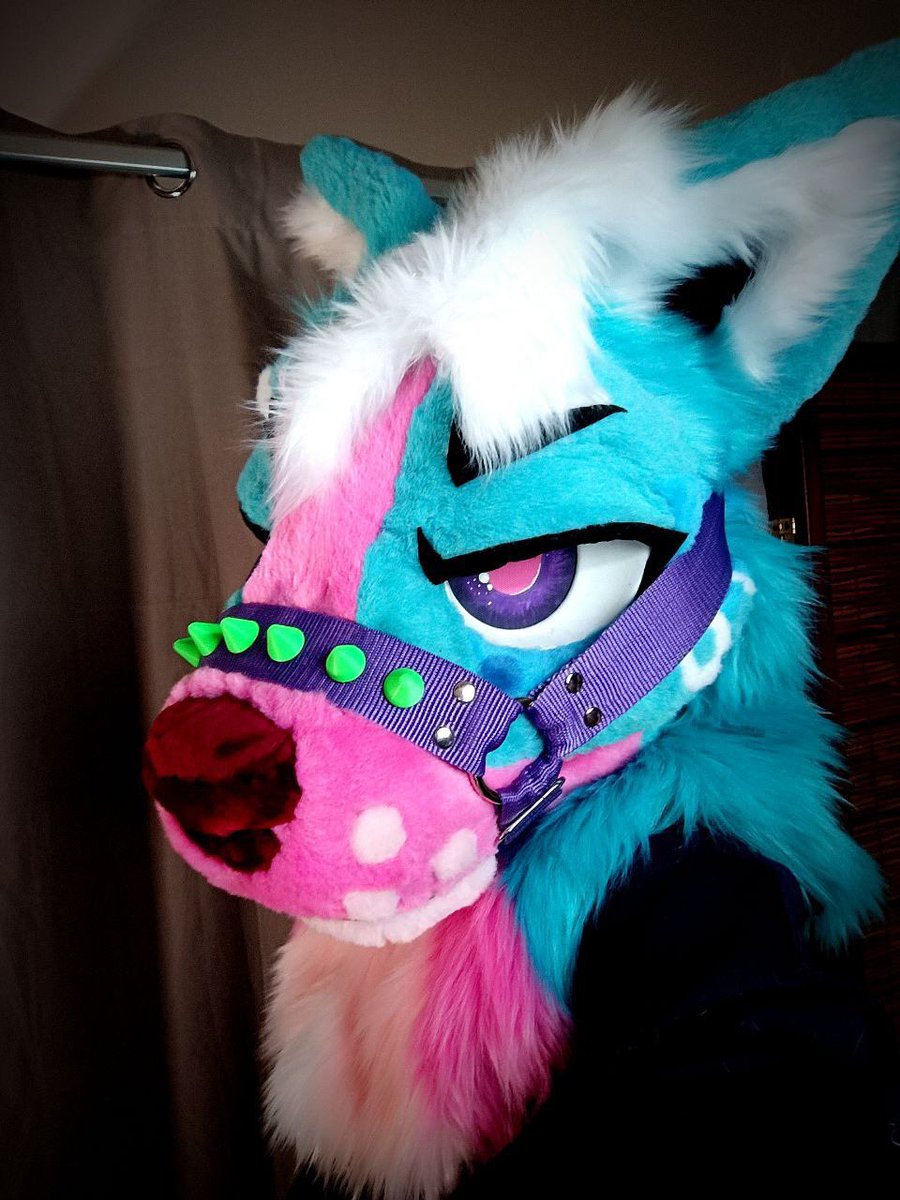 Muzzle with spikes 💜💚for : blueneedlecreations (insta)

Collab with <a href="/HFursuitFabric/">HFF - HyroFursuitFabric</a> 

#3dprint #furryharness #handmade #fursuitharness #harnessfursuit