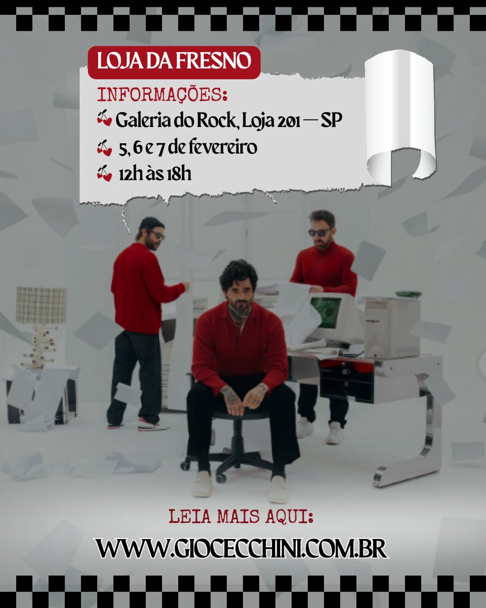 Fresno inaugura loja oficial na Galeria do Rock com produtos exclusivos!
Saiba mais:
giocecchini.com.br/2026/02/04/fre…

<a href="/fresnorock/">Fresno</a> <a href="/lucasfresno/">Lucas Silveira</a> <a href="/vavofresno/">Gustavo Mantovani</a> <a href="/guerrafresno/">Guerra</a> #Fresno