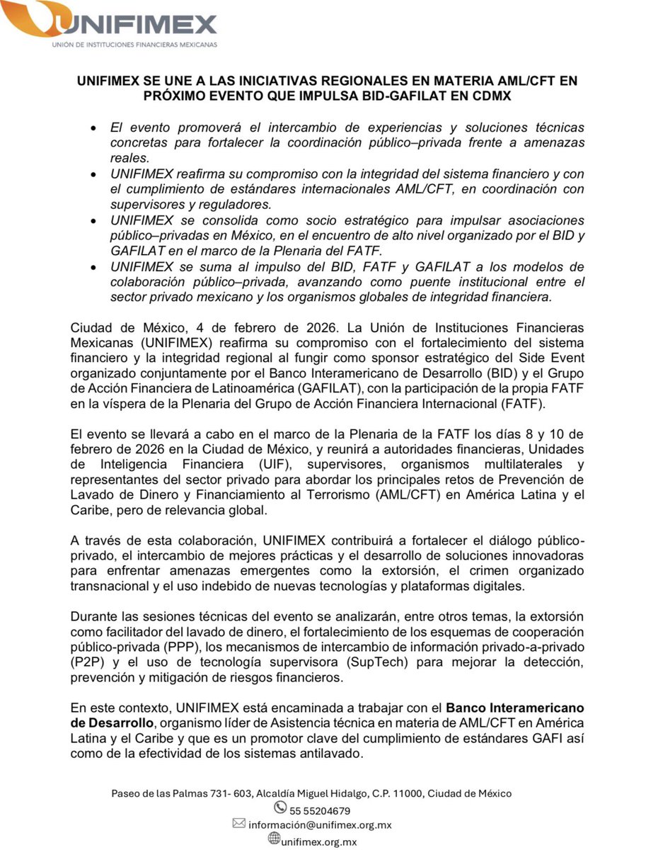 unifimex's tweet photo. La #UNIFIMEX reafirma su compromiso con el fortalecimiento del sistema
financiero y la integridad regional al fungir como sponsor estratégico del Side Event
organizado conjuntamente por el @BIDInvest, @gafilat y @FATFNews https://t.co/NvcaPoGeMm