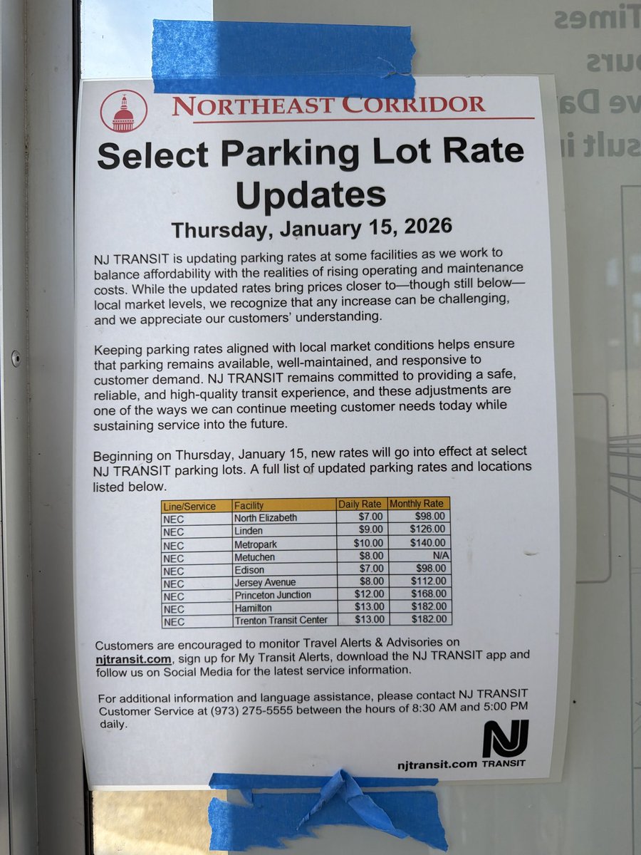 $12/day to park at Princeton Junction, up from $8 last month. ($6 during Covid)

Fare increase between Princeton Junction and Penn Station is also up to $18.95 each way. A literal $50/day to commute into the city. 

Holy smokes <a href="/NJTRANSIT/">NJ TRANSIT</a> <a href="/GovSherrillNJ/">Governor Mikie Sherrill</a>! Who can afford this?