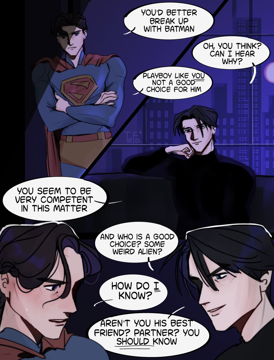 tefa_art_'s tweet image. Au where Superman thinks that Batman is dating Bruce Wayne 🫩 #superman #Batman #superbat #brucewayne