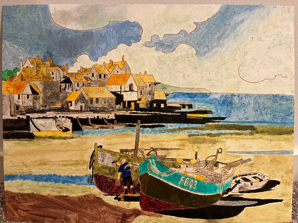 mr_oliver_D's tweet photo. Just finished this coastal harbor painting 🎨🌊
I wanted to capture a calm seaside village atmosphere with warm sunlight and quiet fishing boats waiting by the shore. #paint #art #traditionalart #painting #seascape #landscapeart #boats #coastal #artistsonx https://t.co/4fRoSCJ15m