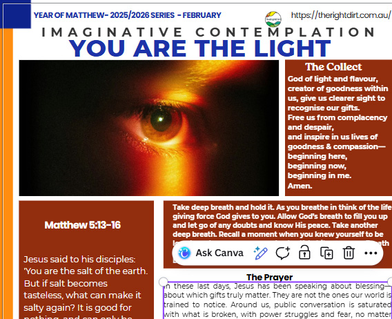 therightdirt's tweet photo. This month's Imaginative Contemplation focuses on this week's gospel relating to salt and to light.
https://t.co/IczoRcKNhO
#SundayGospel
#Spirituality
#Prayer https://t.co/NIVzmiVs1V