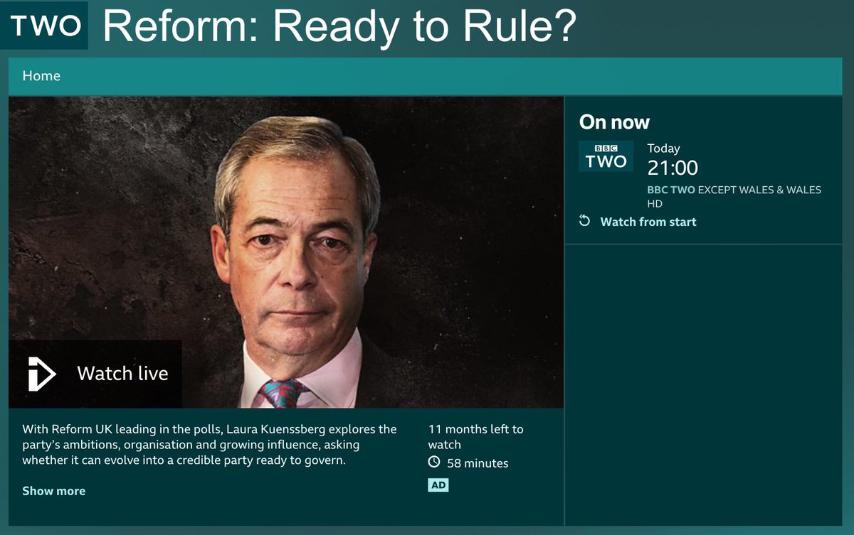 There's a one hour special on Nigel Farage and Reform UK, and whether they are ready to lead, on BBC2

Presumably, there will be a similar one hour special on Zack Polanski, and whether The Greens are ready to lead, as well?