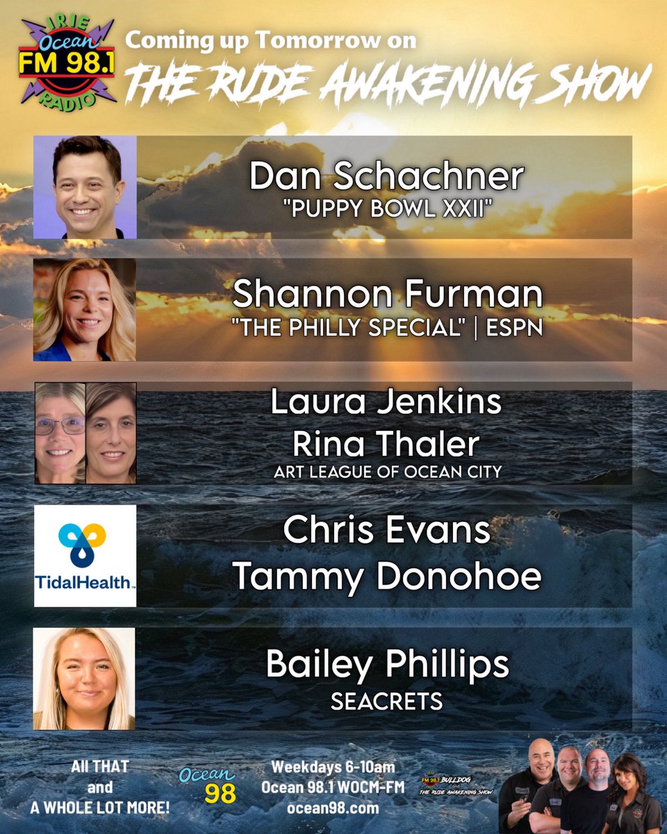 Coming up tomorrow morning! ocean98.com #ocean98 #ocmd #bulldogsrudeawakeningshow #voiceofthecommunity #thankyouforlistening