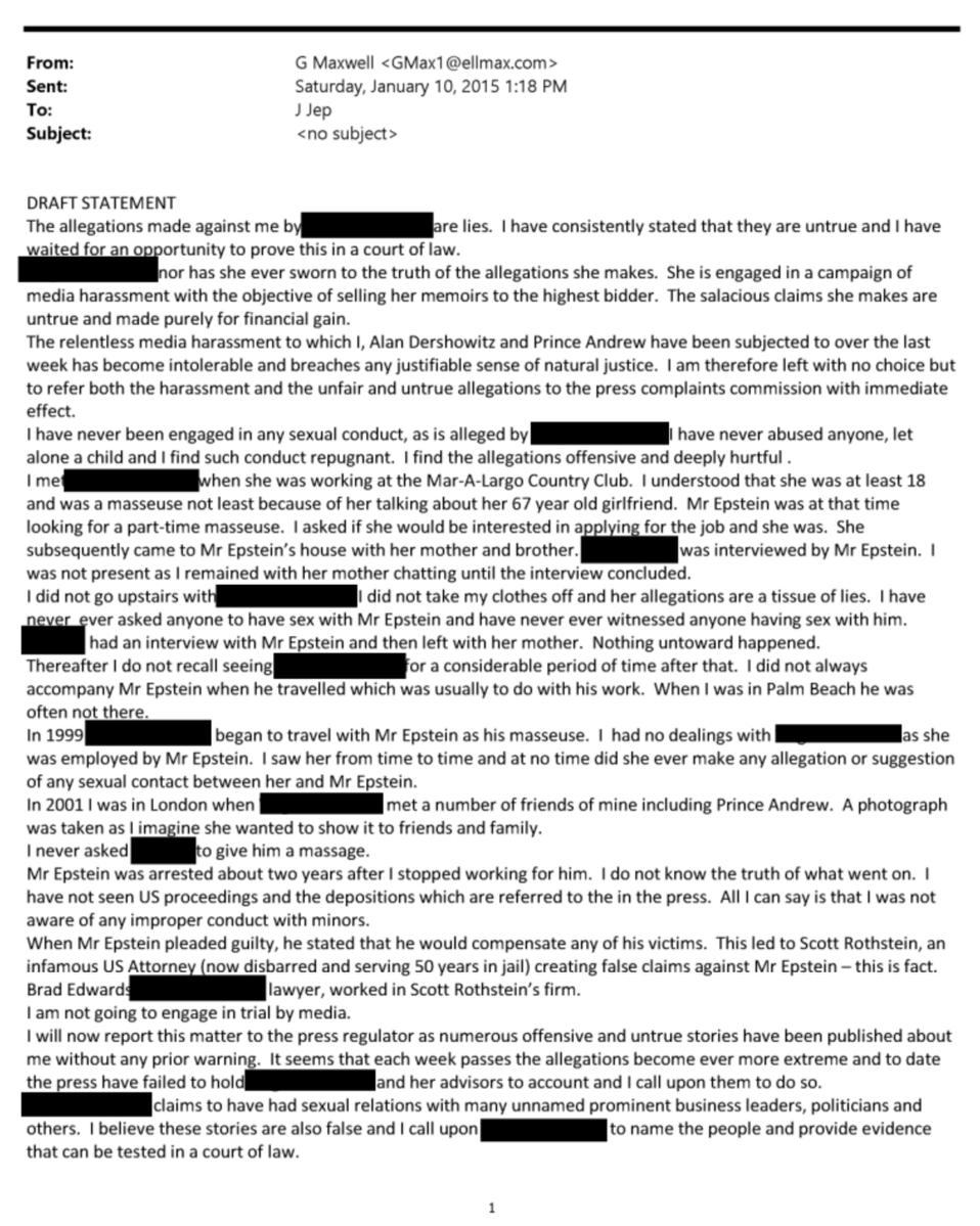 MeidasTouch's tweet image. Wow: This appears to be a draft statement written by Ghislaine Maxwell in which she addresses allegations made against her and former Prince Andrew by Virginia Giuffre. Maxwell appears to confirm that the photo is real and admits that Epstein committed crimes—contradicting her…