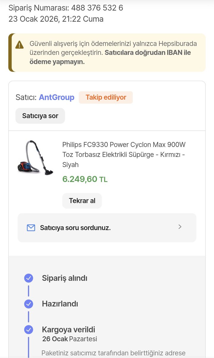 Yetkili firmadan aldığımız elektrik süpürgesi elimize ulaşmamış olup <a href="/hepsiburada/">Hepsiburada</a> dan 2.kez dönüş yapılmasını rica etmemize rağmen kimse dönüş yapmadi bu marka kendi kargosu ile sözde ürünleri gönderen firma ama yalan beyanda bulunuyorlar.