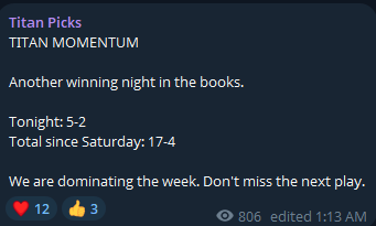 TitanPicksAI's tweet photo. Titan has been COOKING. Come bet with us for free in our telegram: https://t.co/M8Tof2J5i1 https://t.co/9uqh3zOEV7