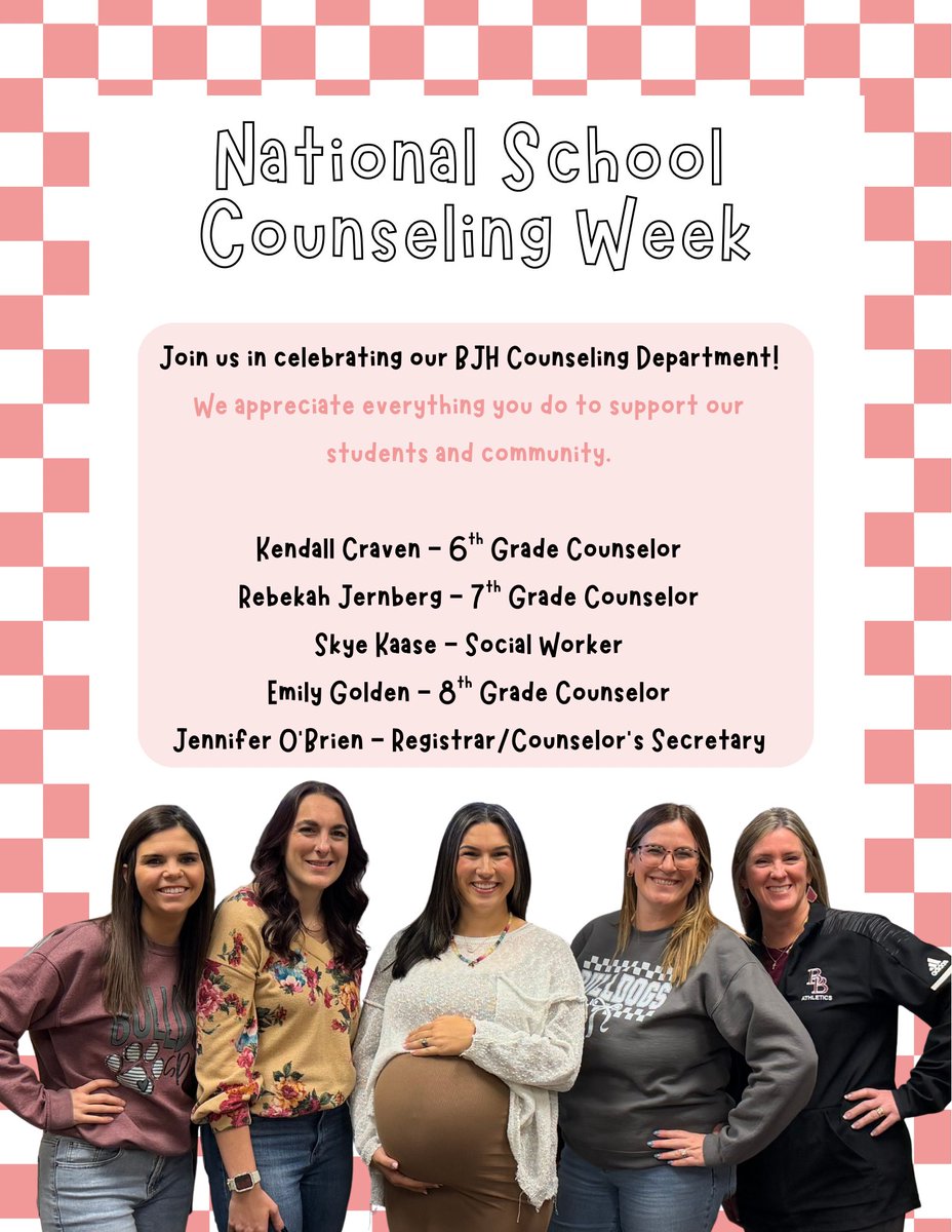 BeckJuniorHigh's tweet photo. Happy National School Counseling Week to our amazing counseling staff here at Beck! Thank you for supporting our students every day 🐾🫶 https://t.co/lmLtbnJDci