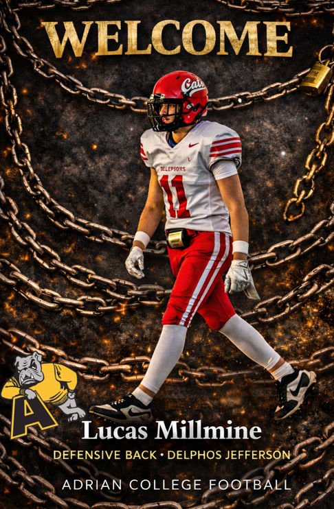 AdrianCollegeFB's tweet photo. Welcome to the Bulldog Family, @lucasmillmine 

#GDTBAB 
#First25 https://t.co/7VzJI7QIqu