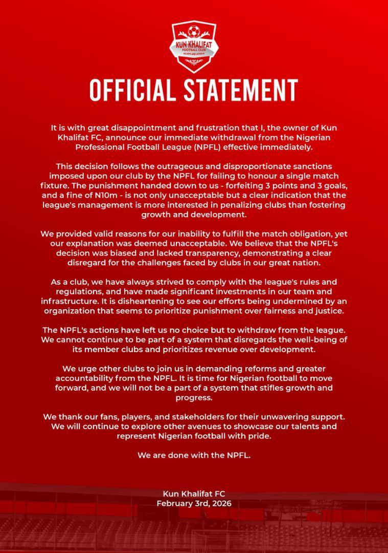 PoojaMedia's tweet image. After the NPFL board fined them N10M for not travelling to Maidiguri to play against El-Kanemi, Kun Khalifa withdraws from the NPFL. 

This is sad.