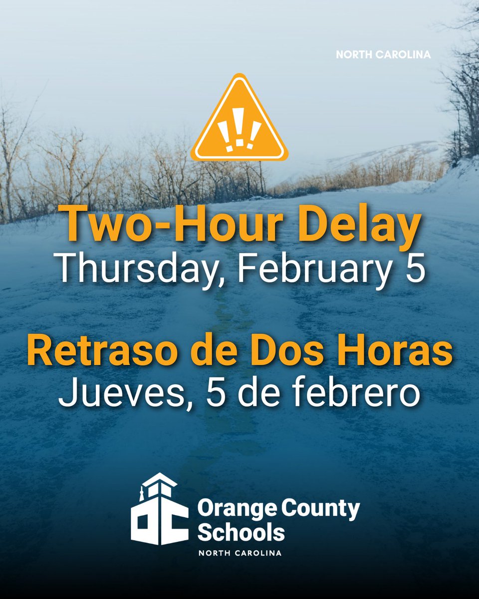 OrangeCoSchools's tweet image. OCS will be on a two-hour delay on Thursday, February 5, 2025. 
➡️See district message here: bit.ly/4rCpi7H
Stay safe out there! #OrangeCountyFirst
