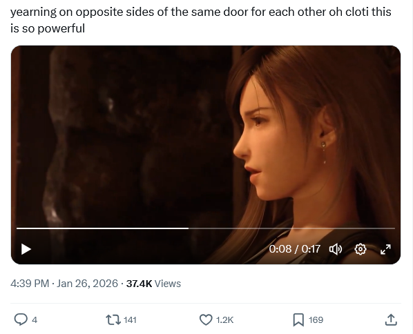 Over a thousand idiots liked this post. Why don't you play the whole clip. There's no yearning going on here. She's frustrated because she got caught trying to manipulate Cloud...again.