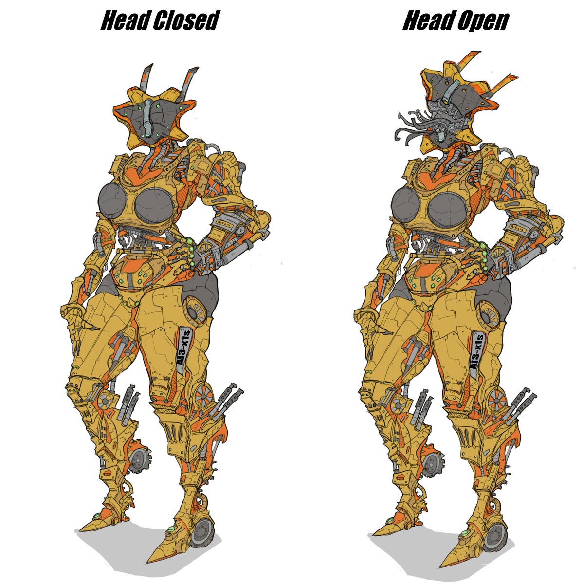 Good news everybody! 🎉 My first commission is done, here's the end result!

I designed a mech-style character concept, keeping the core female form &amp; main idea from the original 3D model intact.

Feedback appreciated!

Original 3D model by <a href="/TIKTIK3D/">TIKTIK3D</a> — go check his awesome work!