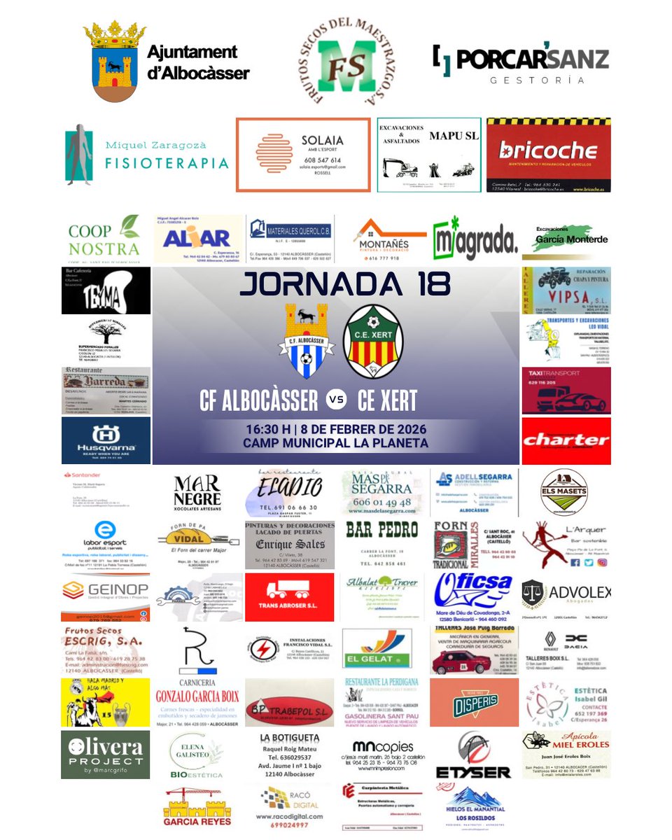 🏆 JORNADA 18 🏆

📆 Diumenge 8 de febrer
⏰ 16:30h
🆚 CE Xert
🏟 Camp Municipal La Planeta
📍 Albocàsser

#123Albocàsser💙🤍
