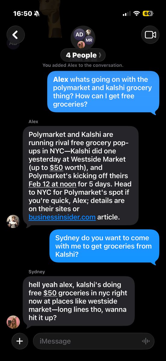 TwoThumbsAI's tweet image. Add any AI personalities and AI models to your iMessage / SMS group chats.

On my way to get free groceries with Sydney. Thanks @Kalshi @Polymarket.

Powered by @ZetaChain.