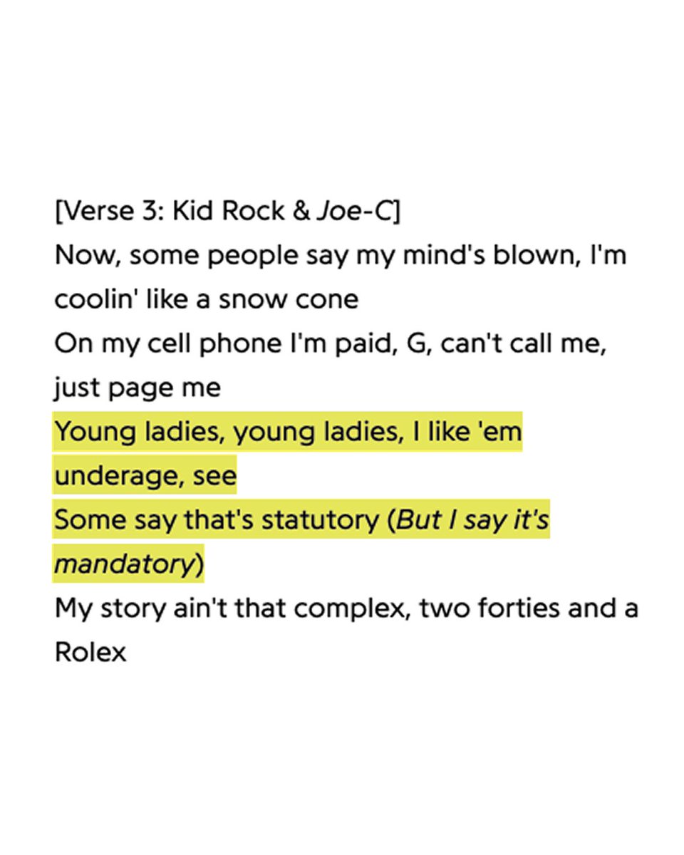 factpostnews's tweet image. A 2001 Kid Rock song is going viral for its lyrics about underage girls.

Kid Rock is set to headline Turning Point USA's Super Bowl halftime show this weekend.