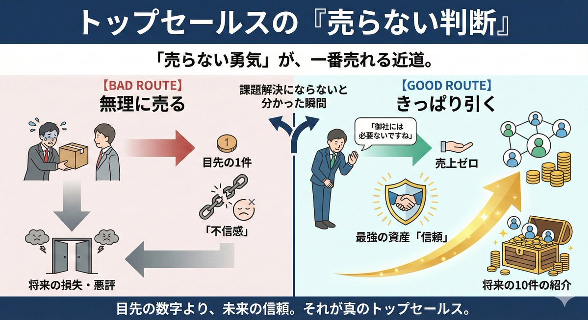 「御社には必要ないですね」と言えるか。
​意外かもだけど、デキる営業ほど「売らない判断」が早い。自社の商品が相手の課題解決にならないと分かった瞬間、きっぱり引く。