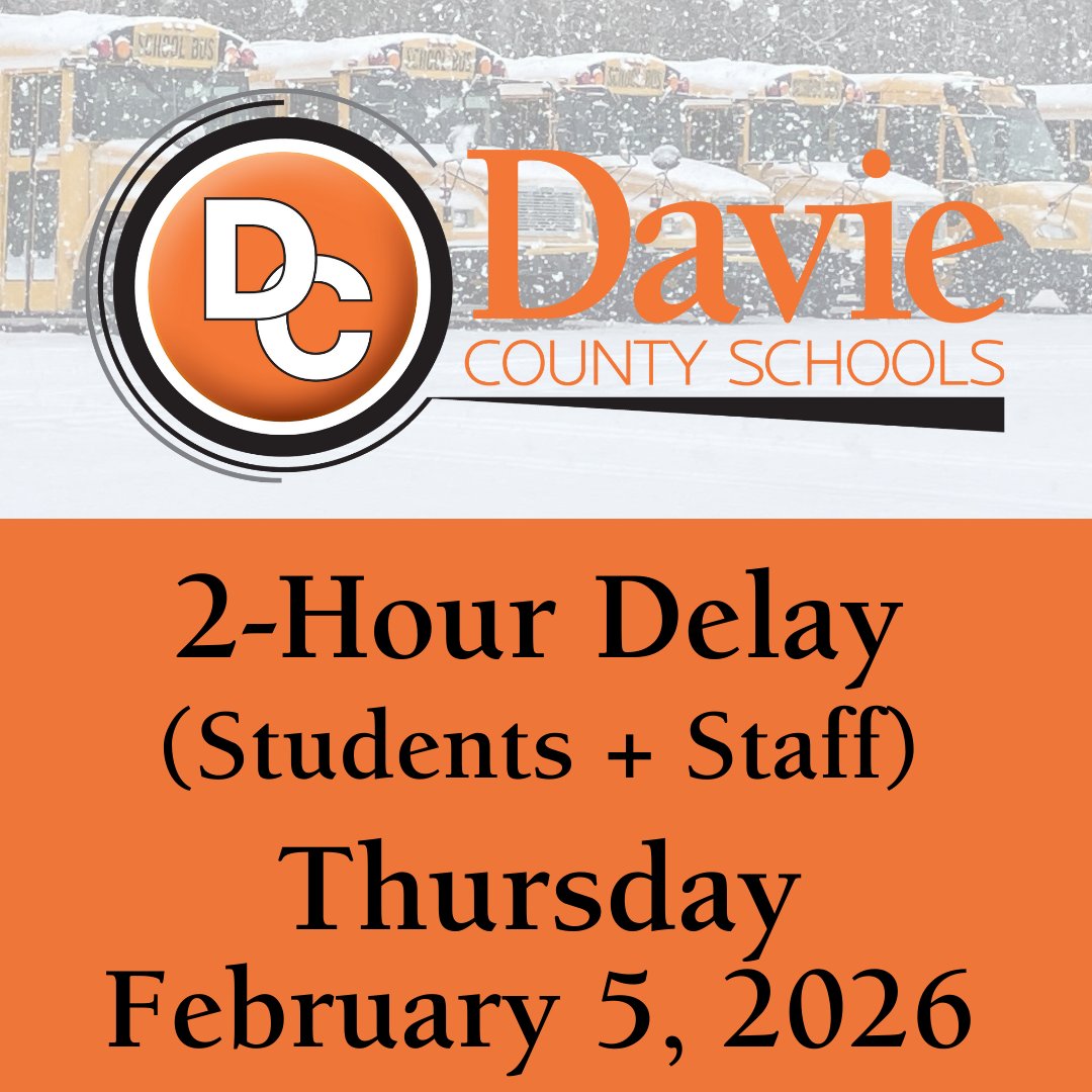 DavieCountySch's tweet photo. Two-hour delay tomorrow, Thurs., February 5 for students + staff. Our weather team will check roads early in the morning. If a closure is needed, we will communicate by 7 a.m. https://t.co/Xg2GrG2Olx
