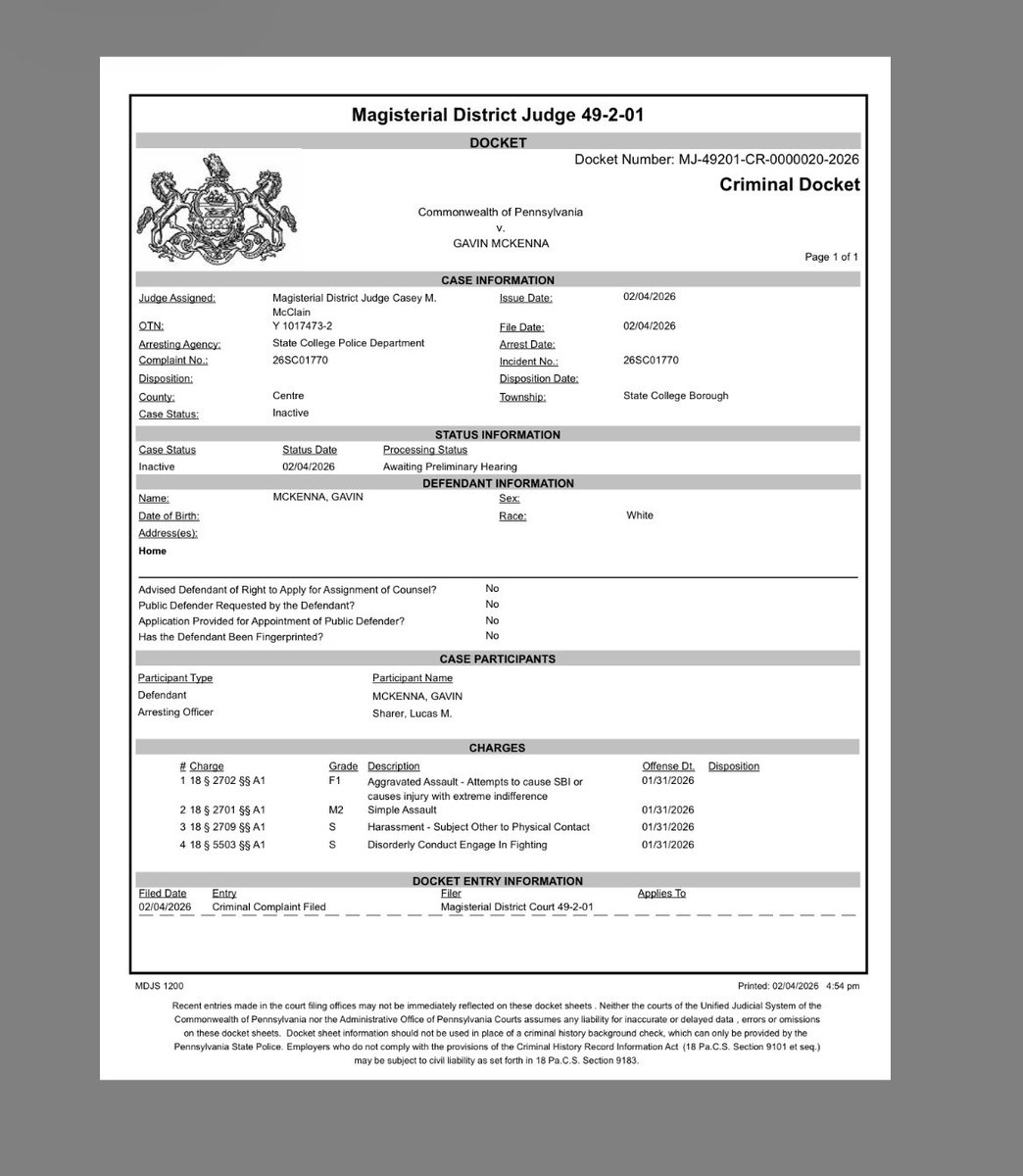 EvanRGSmith's tweet image. BREAKING: Gavin McKenna charged with felony assault

Over the last few days, we looked into reports that Gavin McKenna broke the jaw of a kid who was chirping him after he was asked to leave Doggies Pub Saturday night

He has now been charged with aggravated assault and three…