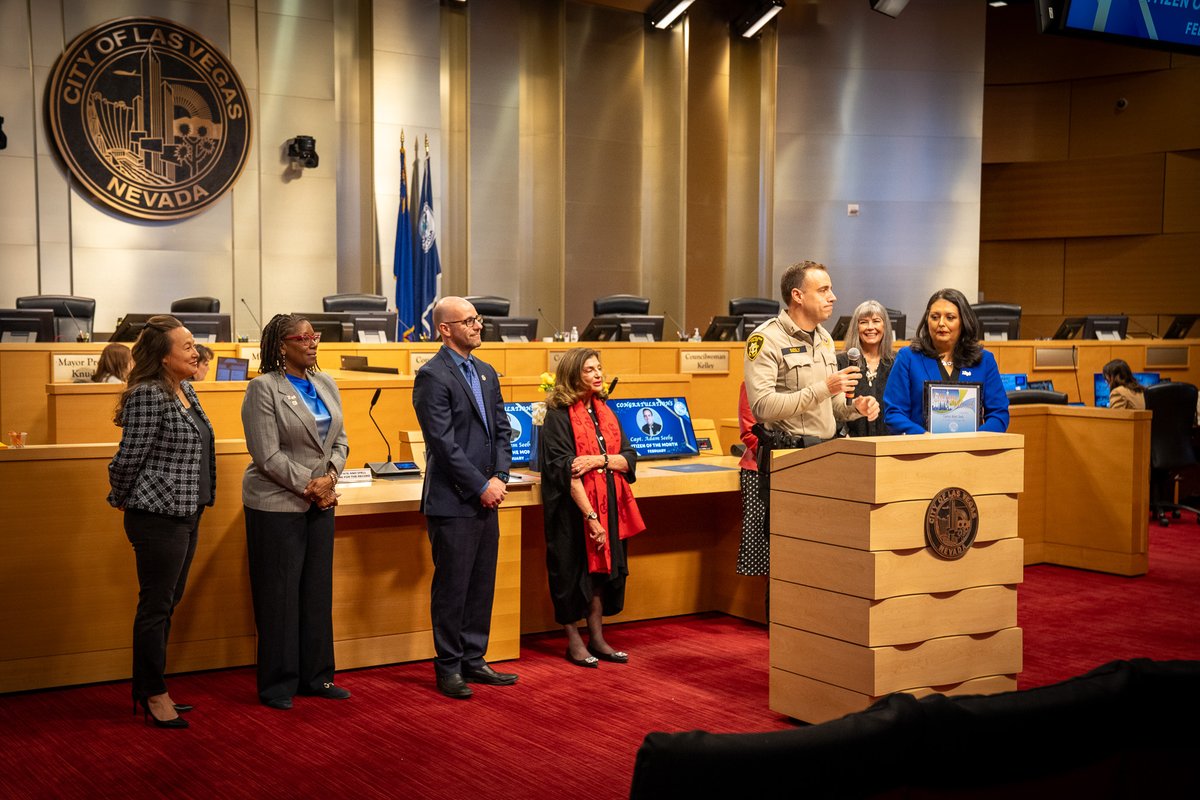 LVMPDDTAC's tweet photo. Citizen of the Month!

Congratulations to DTAC Captain Adam Seely, recognized by Councilwoman Olivia Díaz. In two years at DTAC, he has helped reduce copper theft, lead neighborhood cleanups, and strengthen safety across Downtown Las Vegas by policing with the community. https://t.co/r1oMNAAkRy