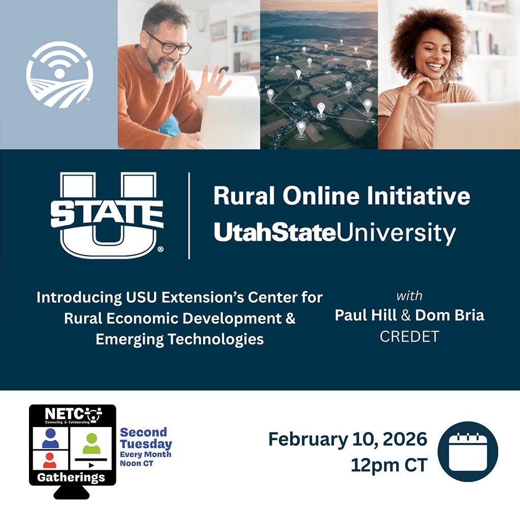NETCTech's tweet photo. Next Tuesday at noon CT, find out about Utah State Extension's new Center for Rural Economic Development and Emerging Technologies with Paul Hill &amp; Dom Bria of CREDET! https://t.co/fpCZbsyokF to sign up! #NETCGatherings https://t.co/u87SQ0ygAw