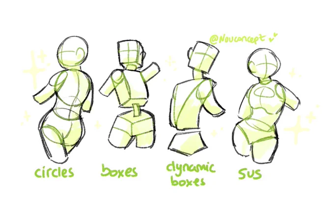different ways of drawing eyes, heads, torsos and hands!