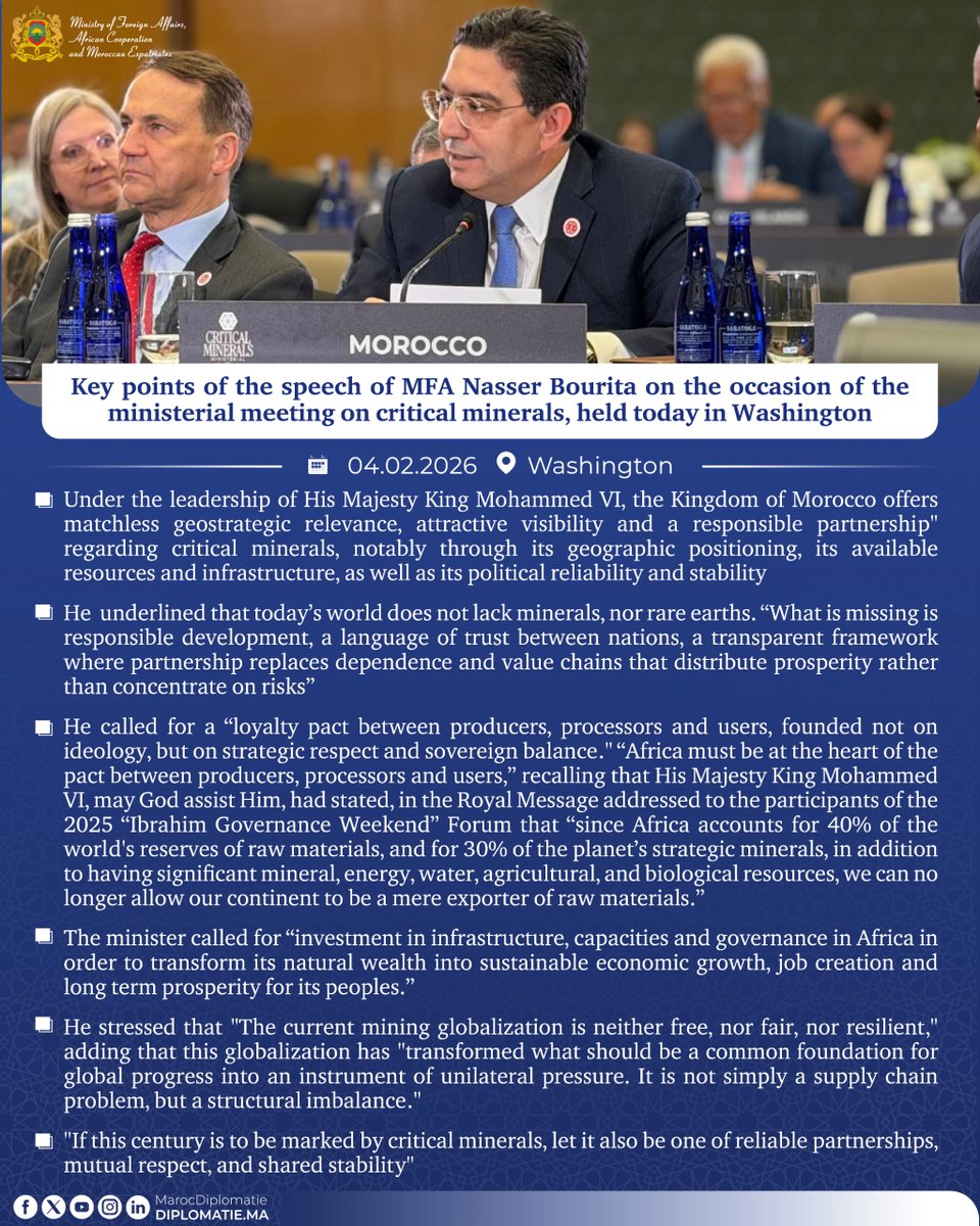 Key points of the speech of MFA Nasser Bourita on the occasion of the ministerial meeting on critical minerals organized in Washington by the U.S. Secretary of State, Mr. Marco Rubio